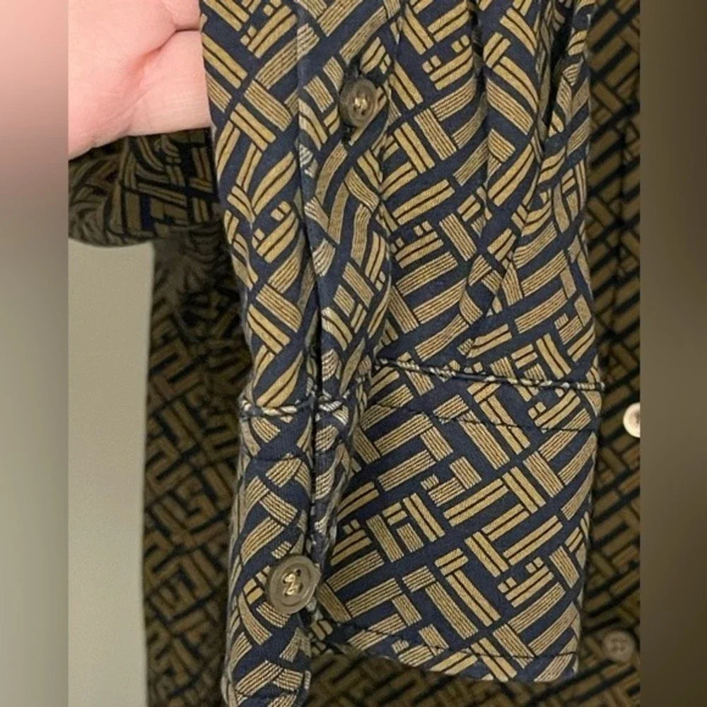 Murano Liquid Luxury Slim Fit Geometric Button Up Navy Blue Brown size M - Picture 9 of 13